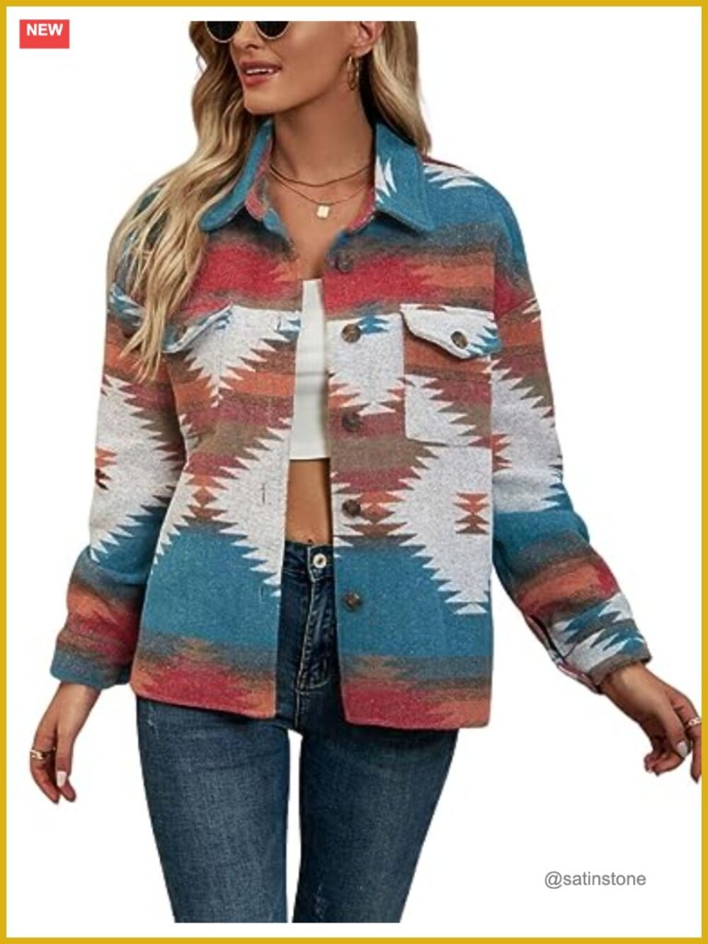 Vintage Aztec Print Wool Blend Button Up Long Sleeve Shacket Jacket